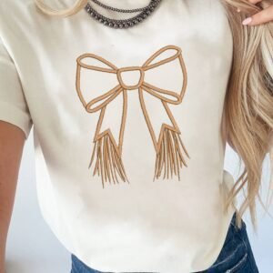White Tassel Bowknot Embroidered Graphic Print Western Round Neck T Shirt