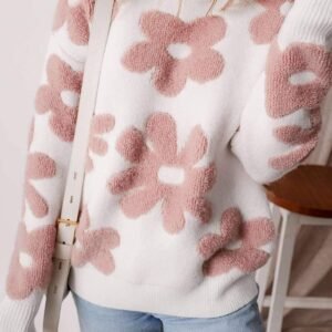 White Textured Flower Drop Shoulder Loose Sweater