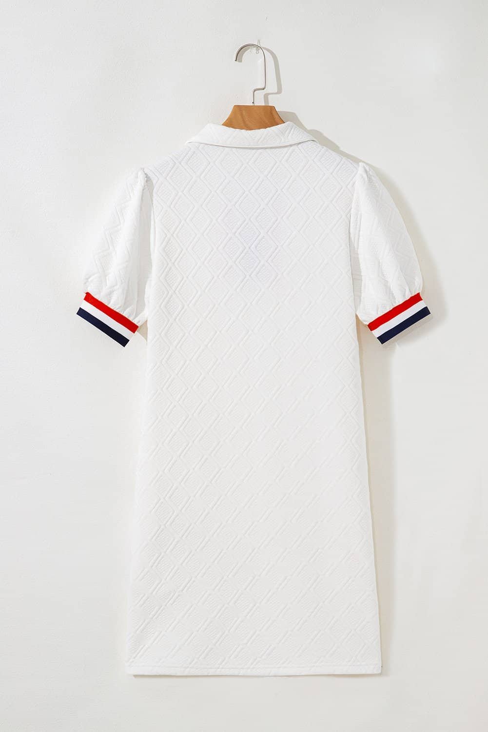 White Textured Jacquard Colorblock Edge Puff Sleeve Quarter Zip Mini Dress