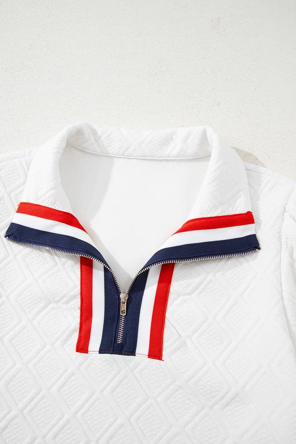 White Textured Jacquard Colorblock Edge Puff Sleeve Quarter Zip Mini Dress