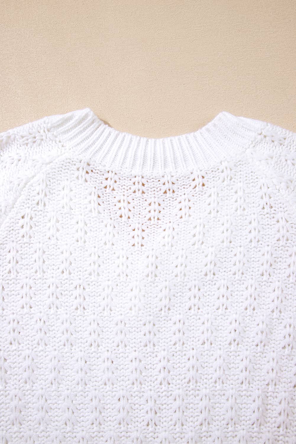 White Textured Knit Ribbed Edge V Neck Loose Sweater