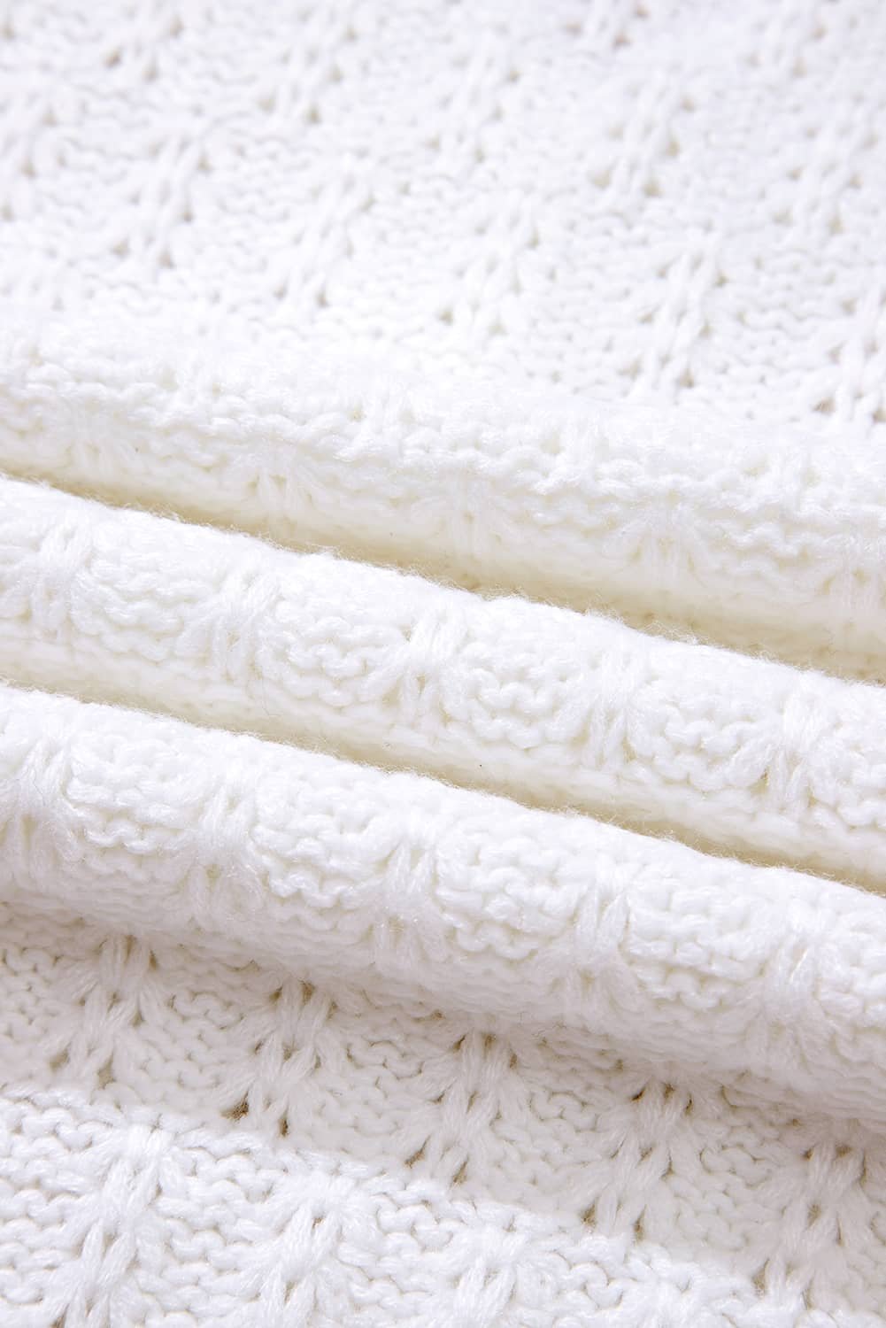White Textured Knit Ribbed Edge V Neck Loose Sweater