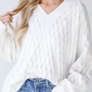 White Textured Knit Ribbed Edge V Neck Loose Sweater