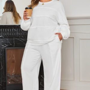 White Textured Raw Seam Plus Size Pullover Top And Drawstring Pants Set