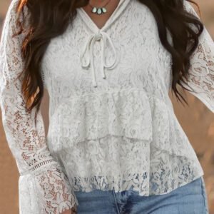 White Tie V Neck Lace Ruffle Detail Long Sleeve Blouse