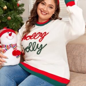 White Tinsel Holly Jolly Pattern Colorblock Edge Drop Shoulder Plus Size Sweater