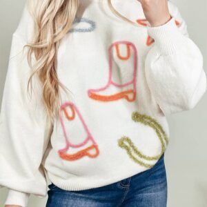 White Tinsel Western Boots Horseshoe Star Knit Crew Neck Sweater