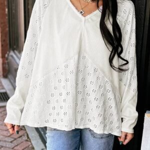 White Twisted Rib Patchwork Embroidered Loose V Neck Long Sleeve Top