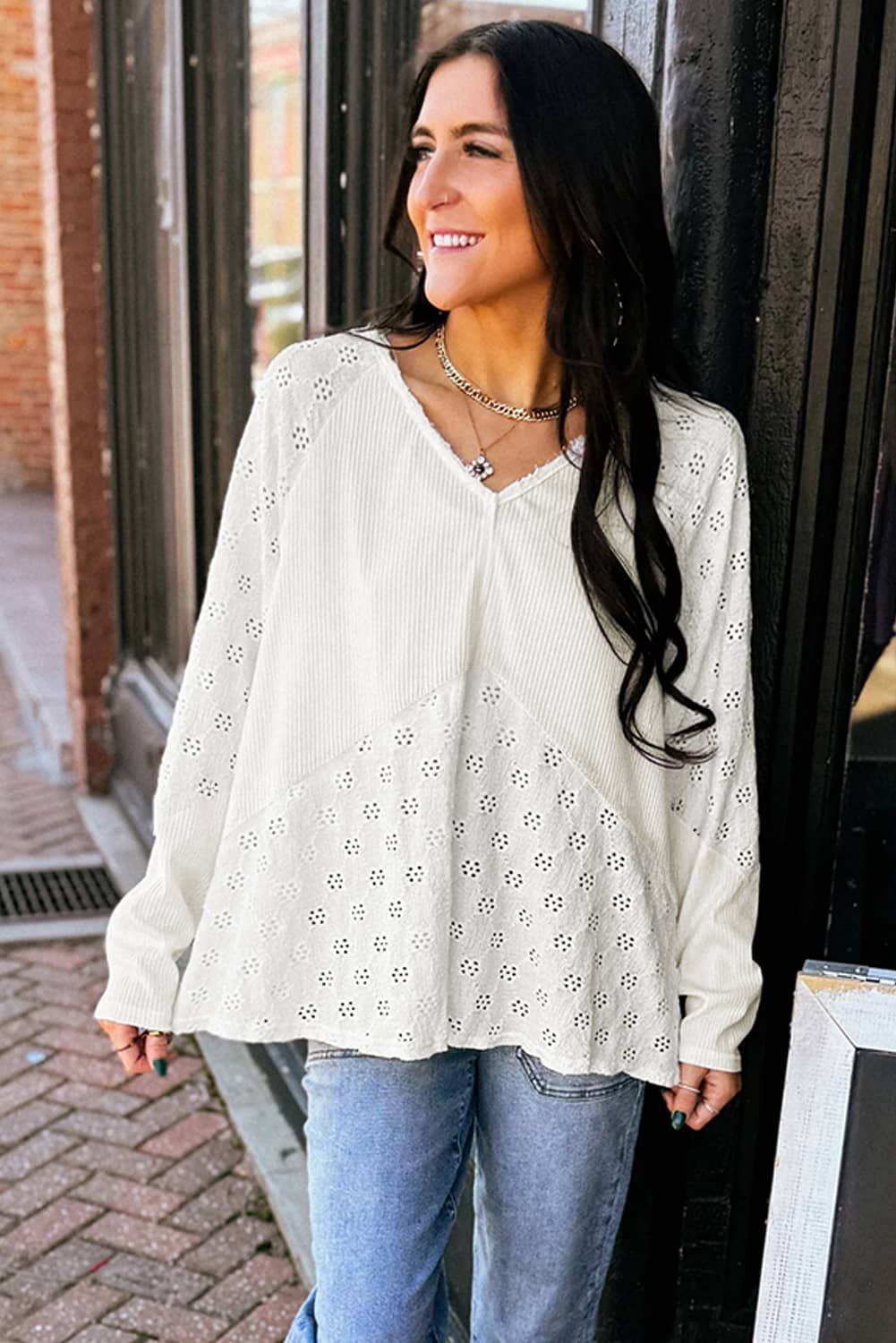 White Twisted Rib Patchwork Embroidered Loose V Neck Long Sleeve Top