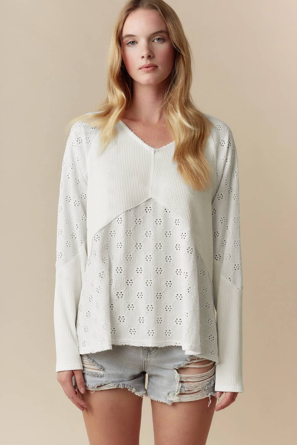 White Twisted Rib Patchwork Embroidered Loose V Neck Long Sleeve Top