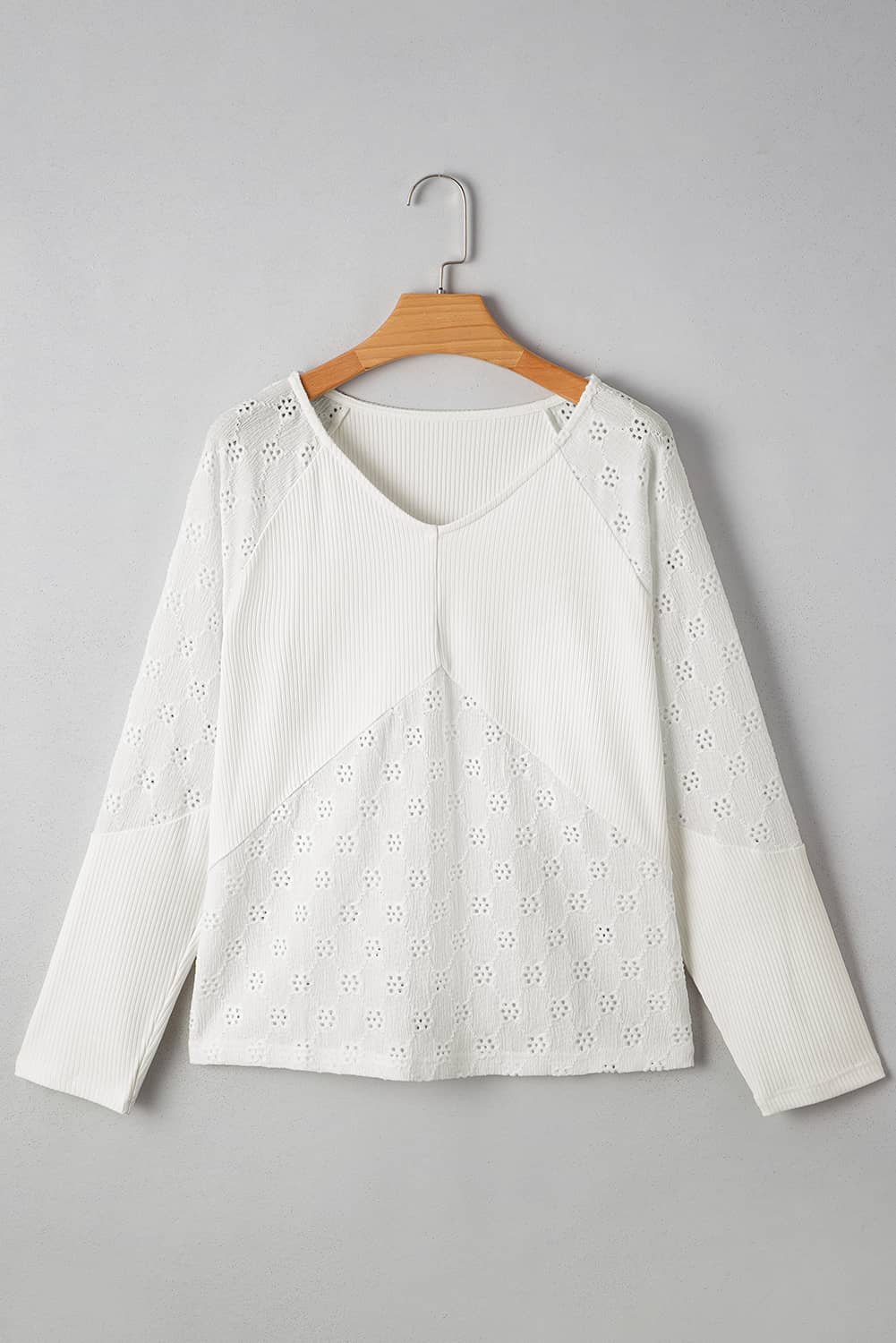 White Twisted Rib Patchwork Embroidered Loose V Neck Long Sleeve Top