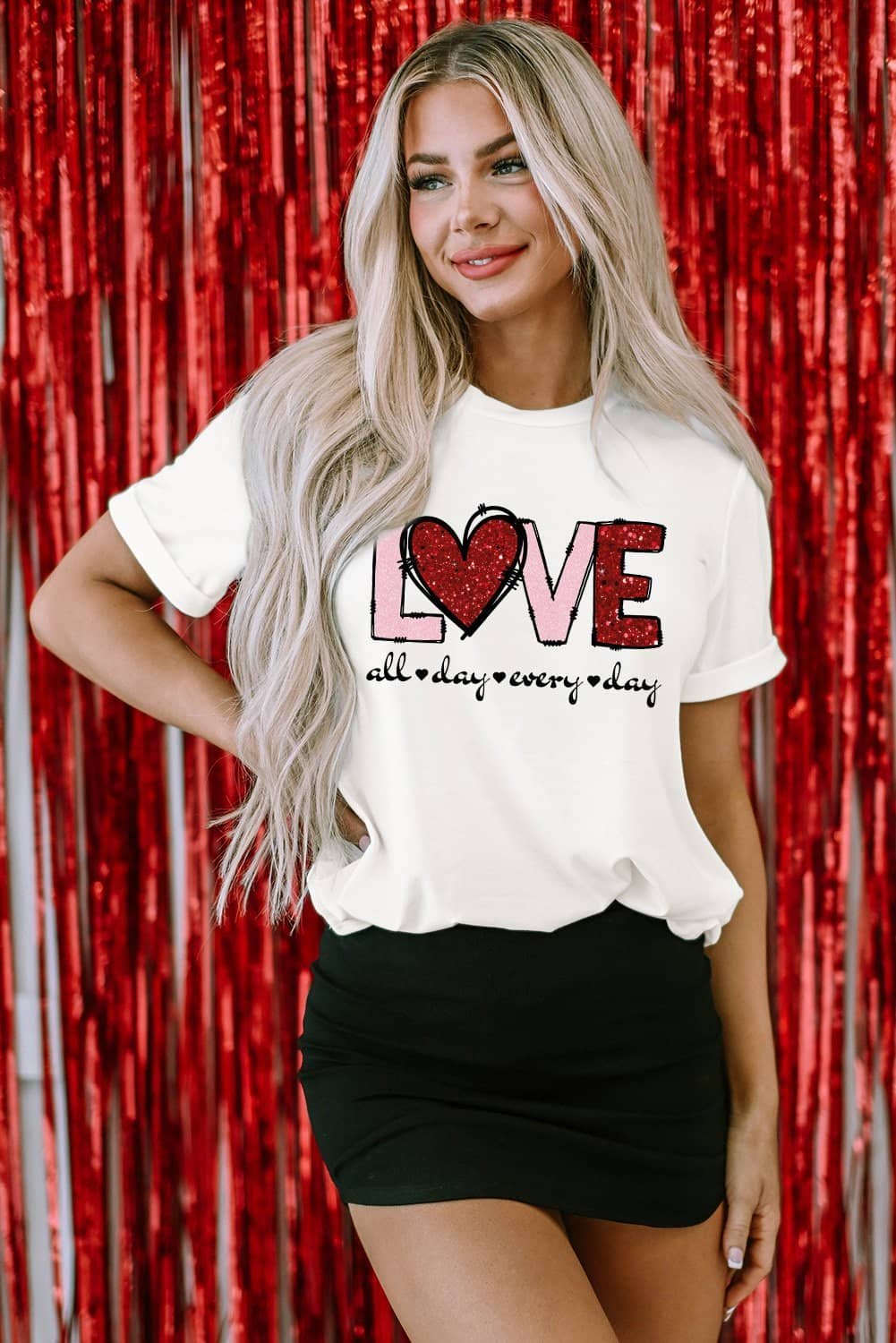 White Valentine Love Heart Shape Crew Neck Graphic Tee