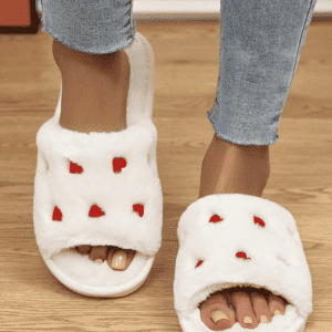 White Valentines Heart Embroidered Fuzzy Winter House Slippers