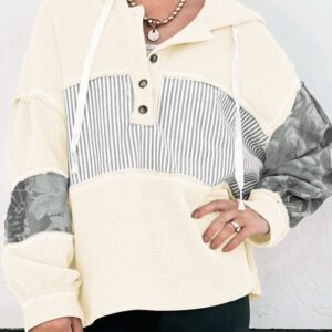 White Waffle Printed Patchwork Drawstring Hooded Long Sleeve Top