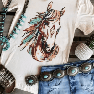 White Western Aztec Horse Graphic Crewneck Tee