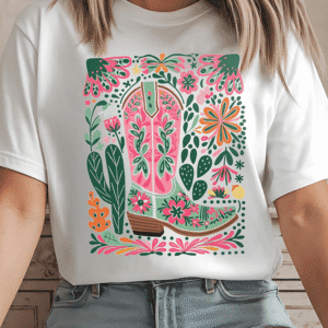 White Western Boot Flower Print Crew Neck Loose Tee