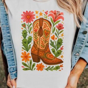 White Western Floral Boots Printed Casual Cotton Blend T Shirt