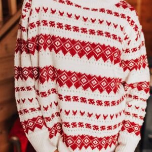 White Western Geometric Patterned Crew Neck Loose Sweater