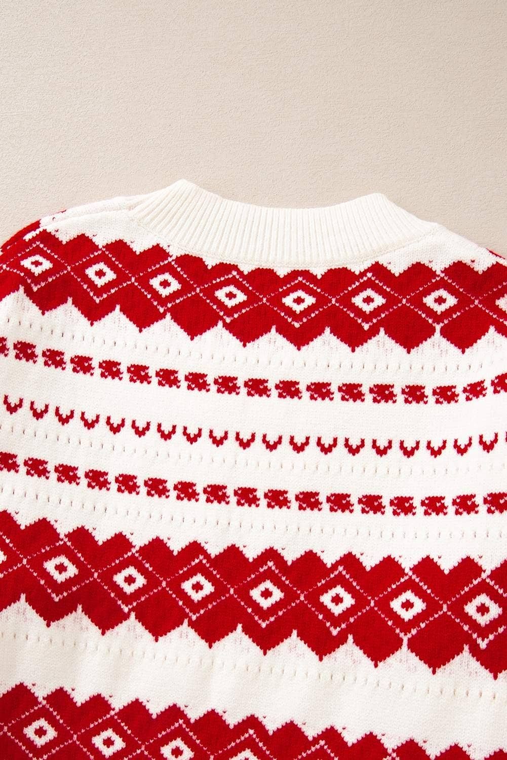 White Western Geometric Patterned Crew Neck Loose Sweater