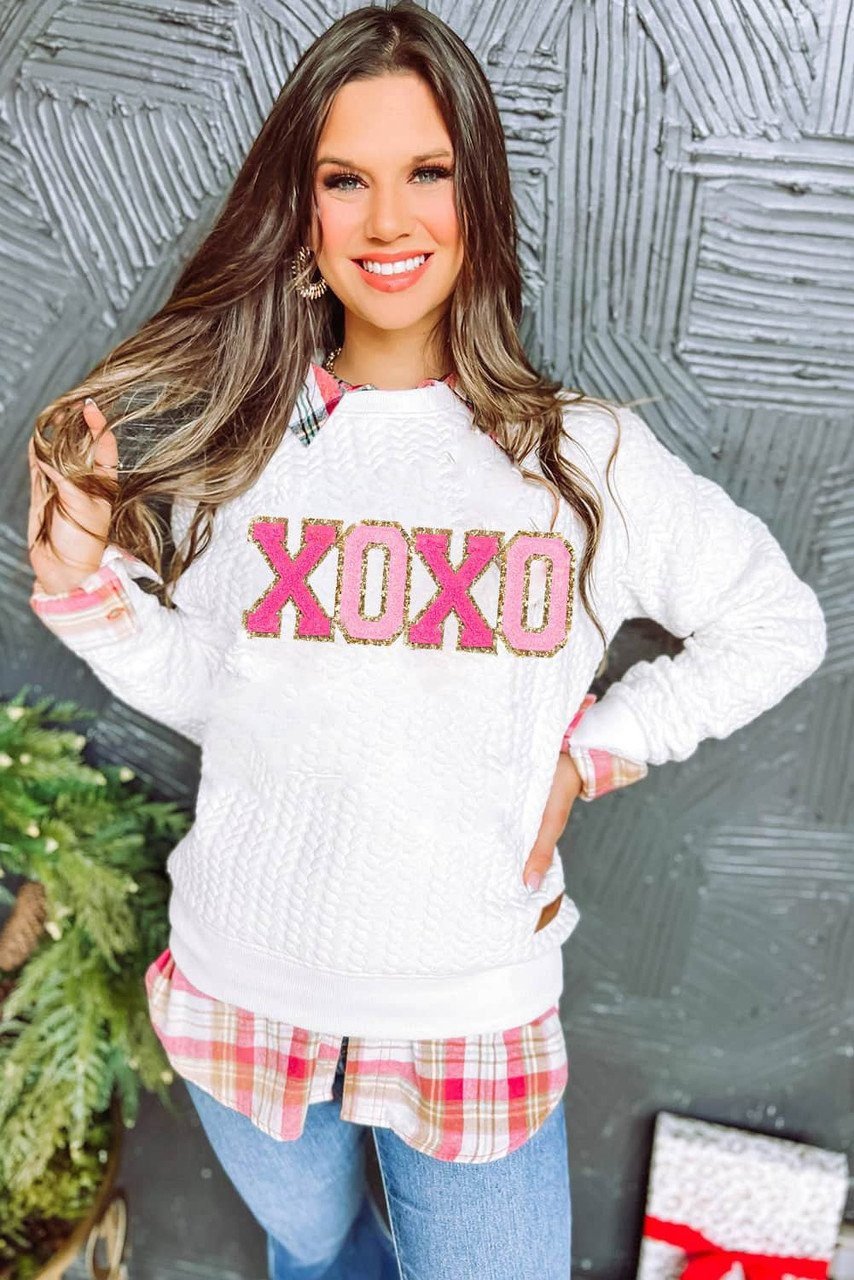 White Xoxo Glitter Chenille Cable Knit Pullover Sweatshirt