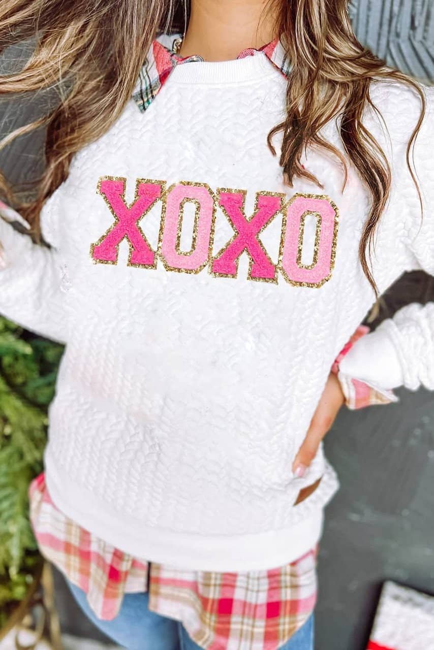 White Xoxo Glitter Chenille Cable Knit Pullover Sweatshirt