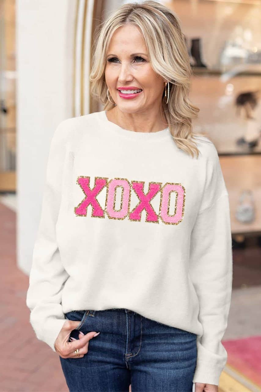 White Xoxo Glitter Print Round Neck Casual Sweater