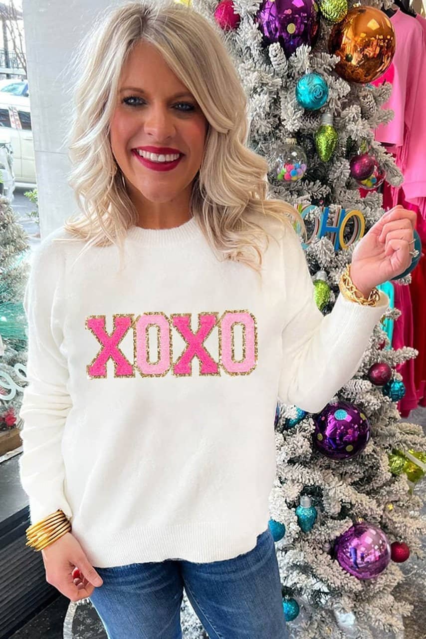 White Xoxo Glitter Print Round Neck Casual Sweater