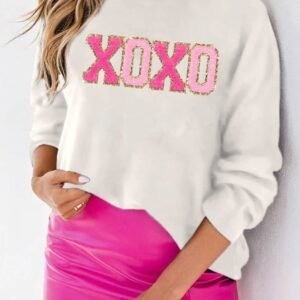White Xoxo Glitter Print Round Neck Casual Sweater