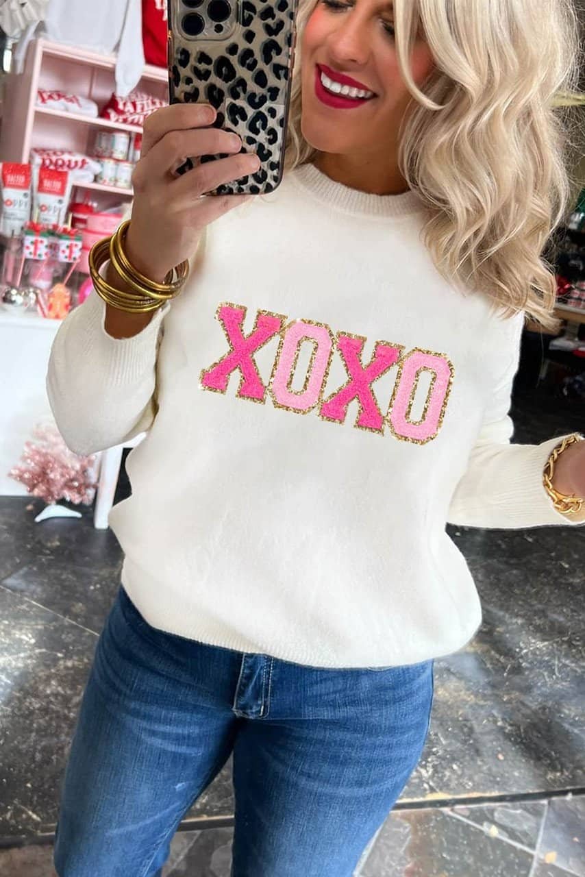 White Xoxo Glitter Print Round Neck Casual Sweater