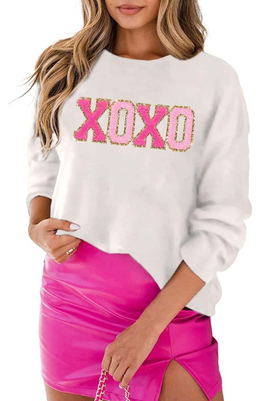 White Xoxo Glitter Print Round Neck Casual Sweater