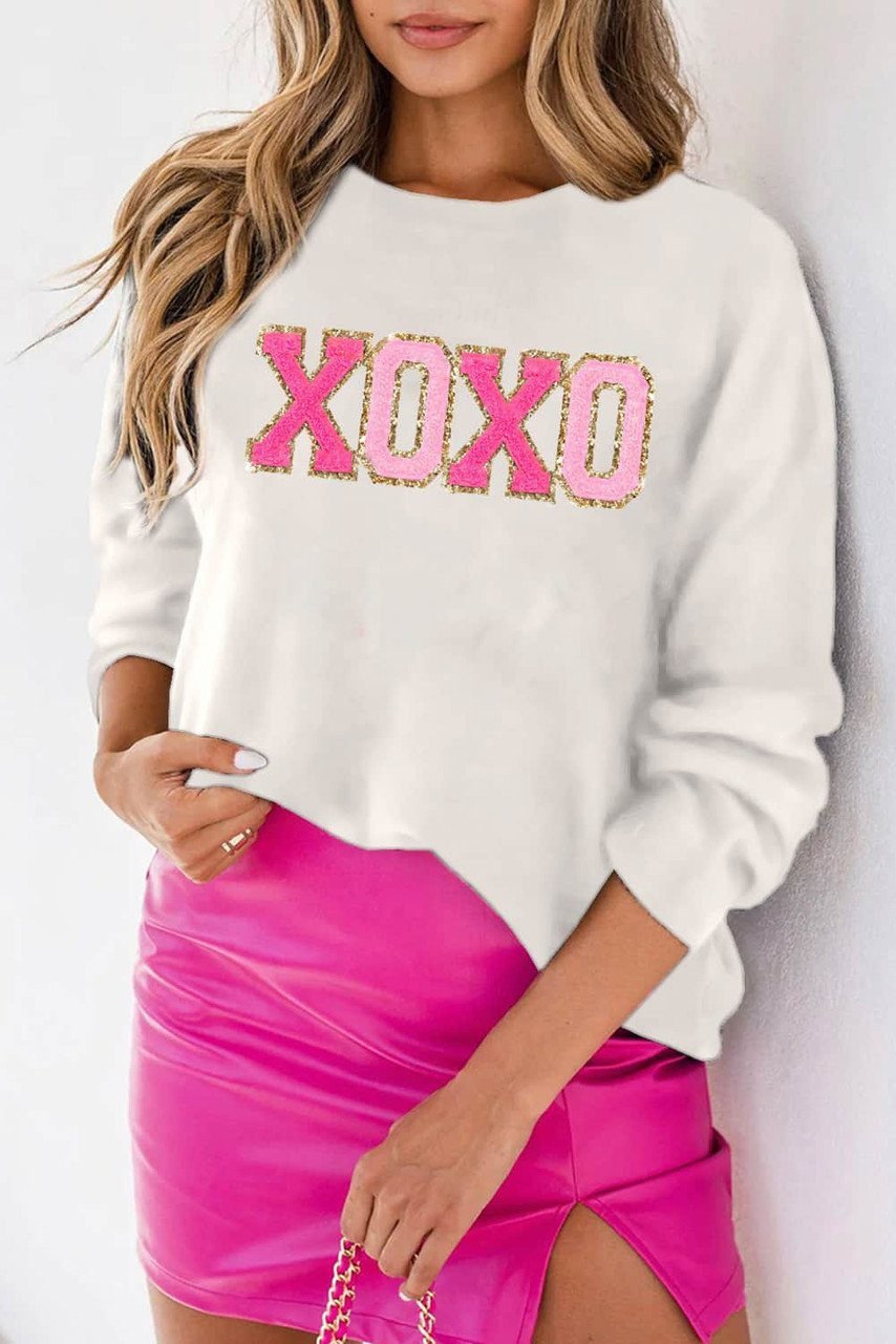 White Xoxo Glitter Print Round Neck Casual Sweater