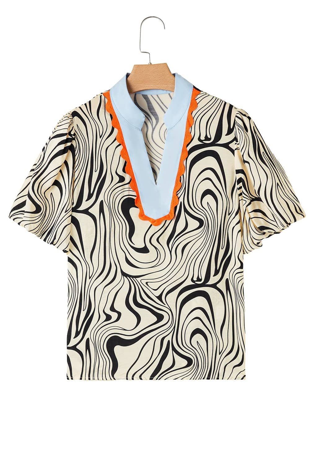 White Zebra Stripe Print Contrast V-Neck Ricrac Detail Short Sleeve Blouse Top