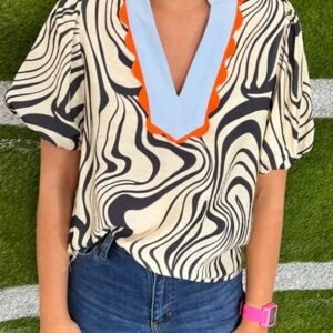 White Zebra Stripe Print Contrast V-Neck Ricrac Detail Short Sleeve Blouse Top