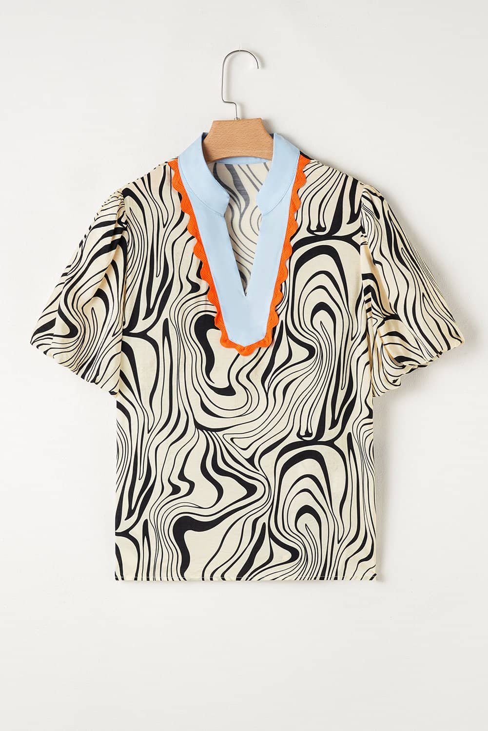 White Zebra Stripe Print Contrast V-Neck Ricrac Detail Short Sleeve Blouse Top