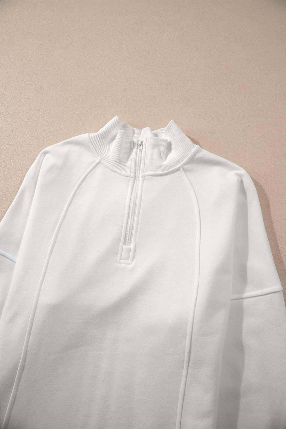 White Zipped Neck Pullover Drop Shoulder Sweatshirt
