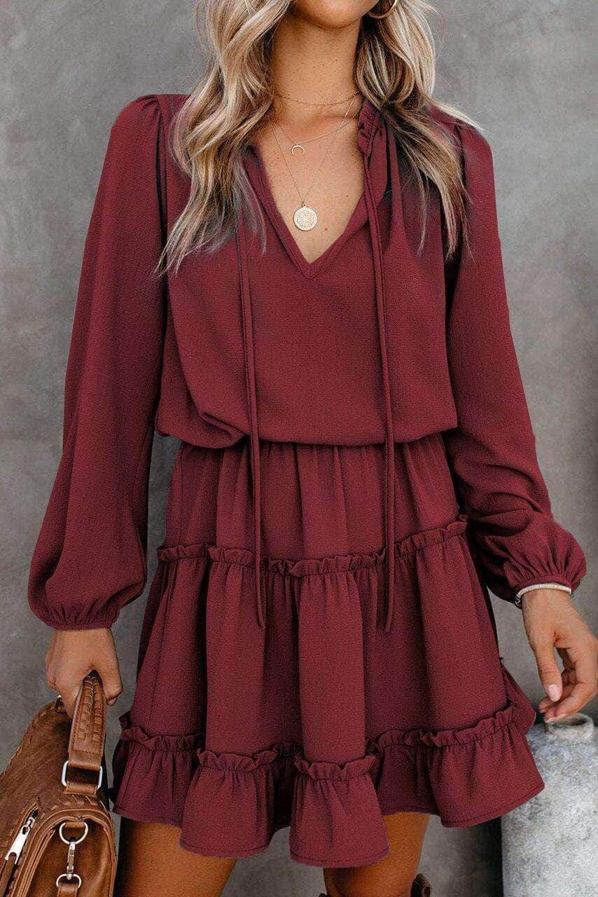Wine V Neck Long Sleeve Ruffle Tiered Mini Dress