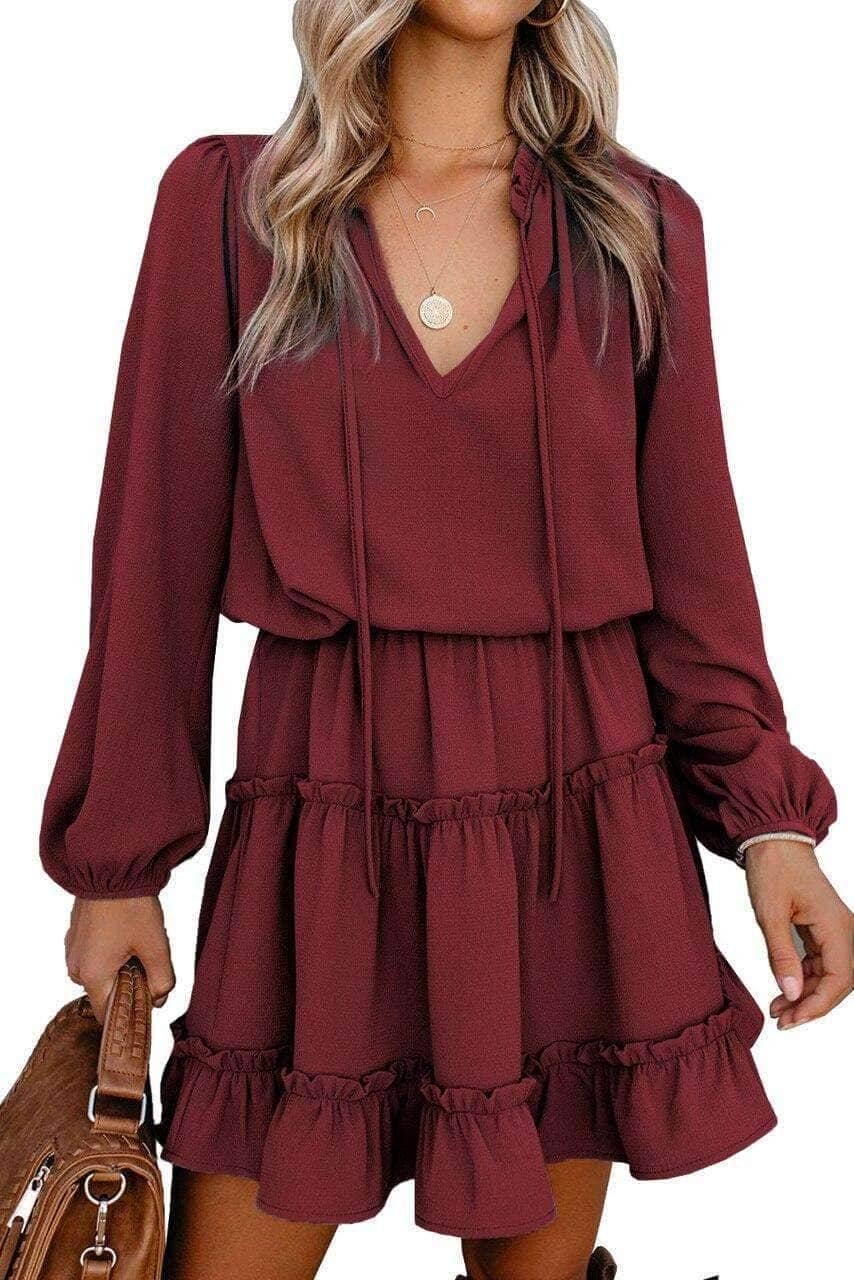 Wine V Neck Long Sleeve Ruffle Tiered Mini Dress