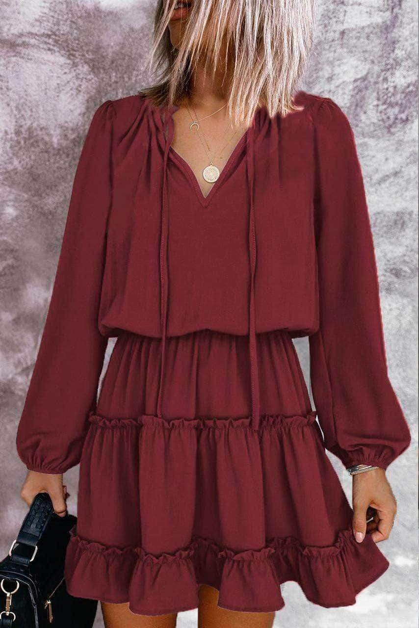 Wine V Neck Long Sleeve Ruffle Tiered Mini Dress