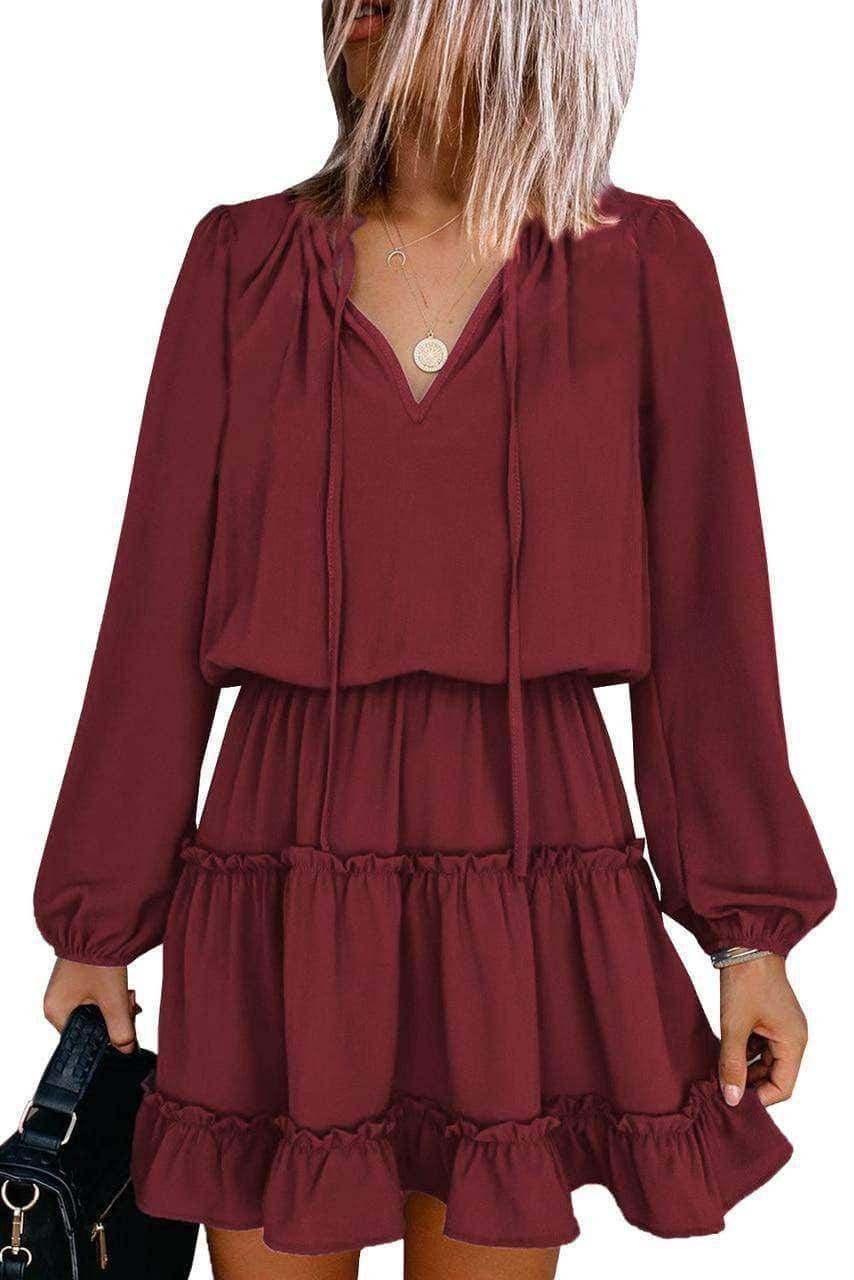Wine V Neck Long Sleeve Ruffle Tiered Mini Dress