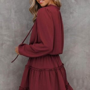 Wine V Neck Long Sleeve Ruffle Tiered Mini Dress