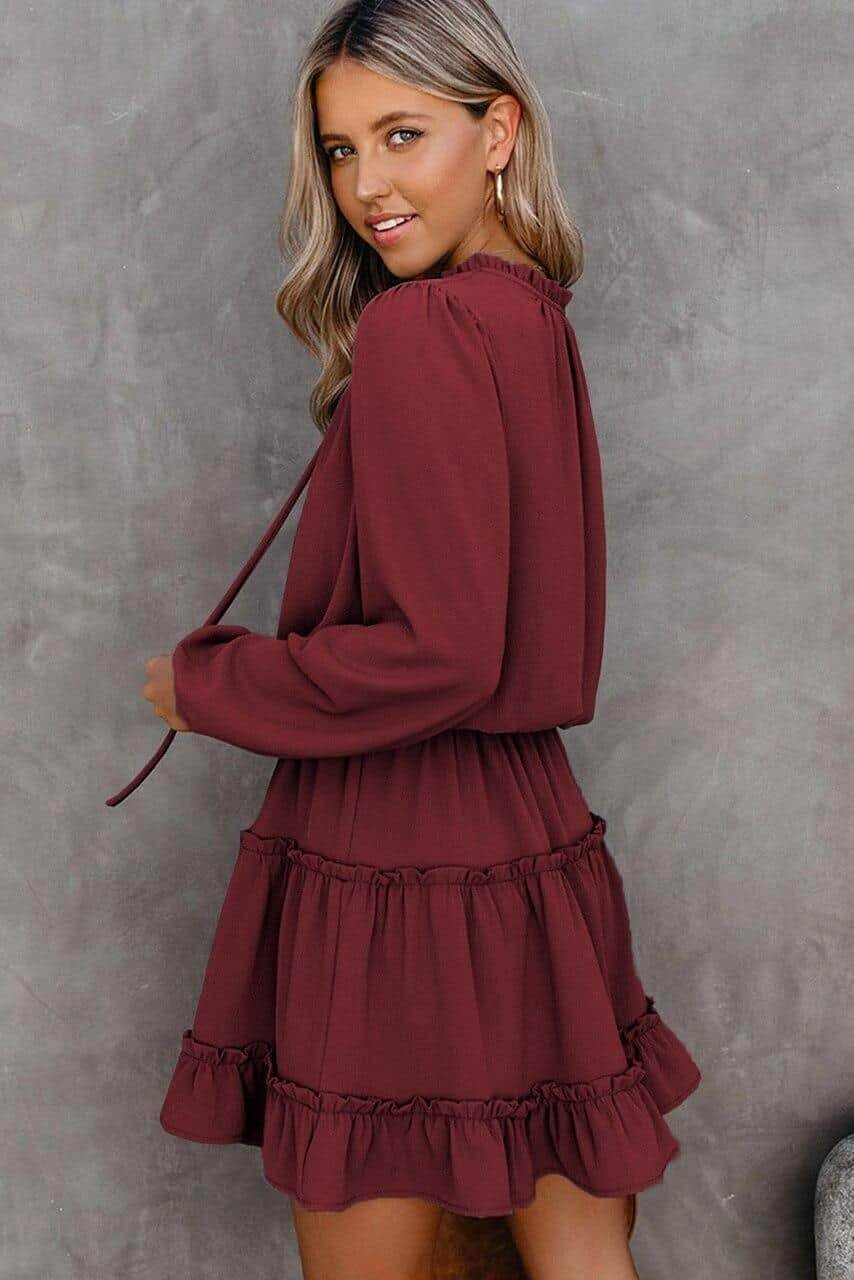 Wine V Neck Long Sleeve Ruffle Tiered Mini Dress
