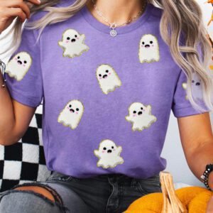 Wisteria Glitter Trim Chenille Ghost Patched Halloween Graphic Tee