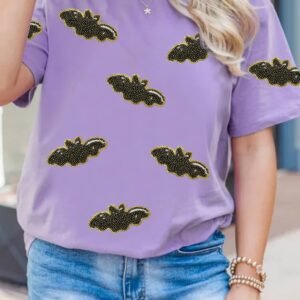 Wisteria Sequin Halloween Bat Patched Casual T Shirt