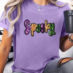 Wisteria Spooky Sequin Letter Patched Cotton Blend T Shirt