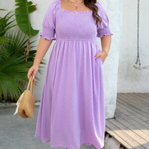 Wisteria Swiss Dot Smocked Frilled Neckline Short Sleeve Plus Size Dress