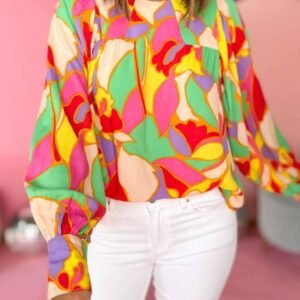 Yellow Abstract Print Puff Sleeve Blouse