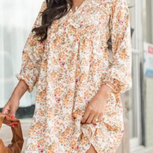 Yellow Boho Floral V Neck Ruffled Empire Waist Long Sleeve Mini Dress
