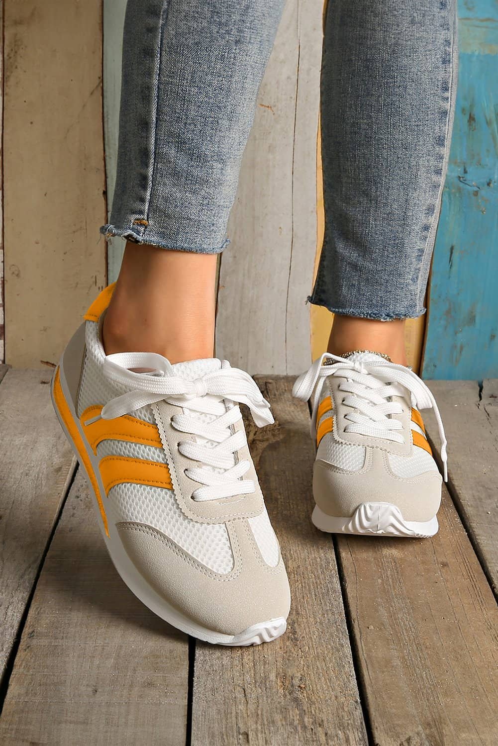 Yellow Color Block Patchwork Breathable Lace-Up Sneakers