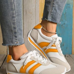 Yellow Color Block Patchwork Breathable Lace-Up Sneakers