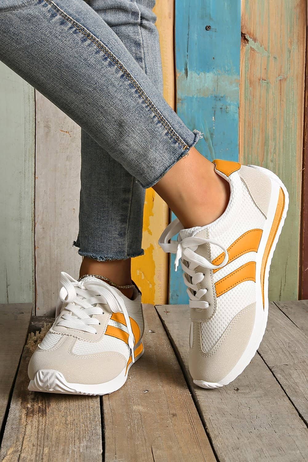 Yellow Color Block Patchwork Breathable Lace-Up Sneakers
